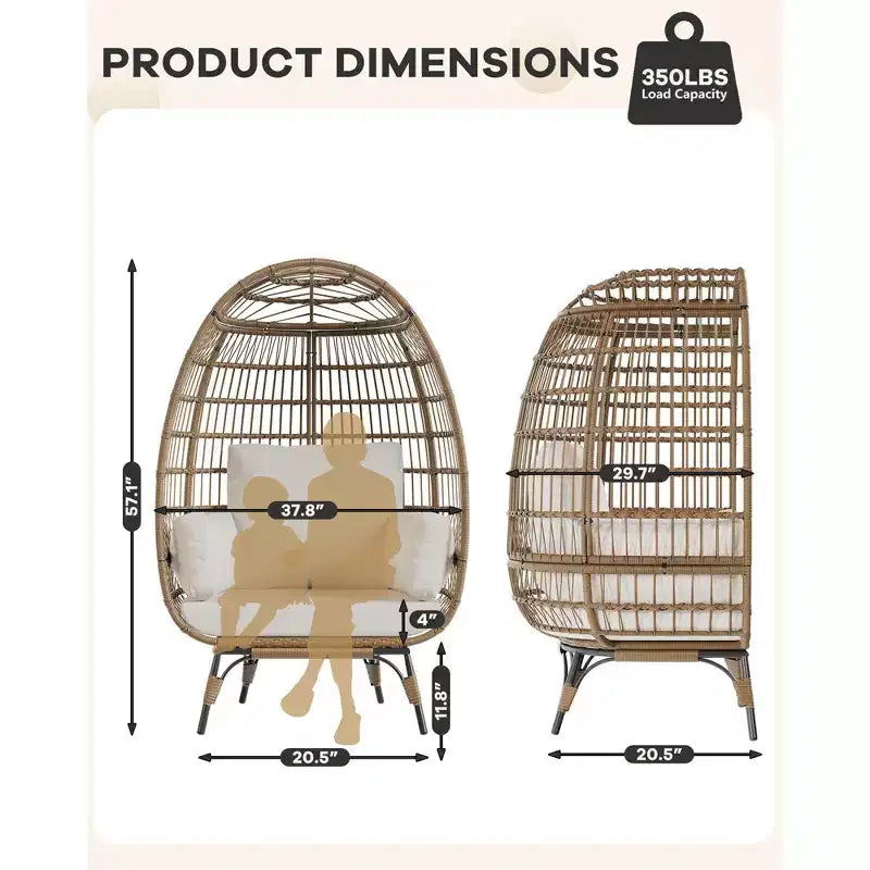 Egg Chair, Wicker Egg Chair with Plush Cushion, Steel Frame and Metal Base, Lounge Chair for Indoor & Outdoor Patio, Living Room, and Backyard