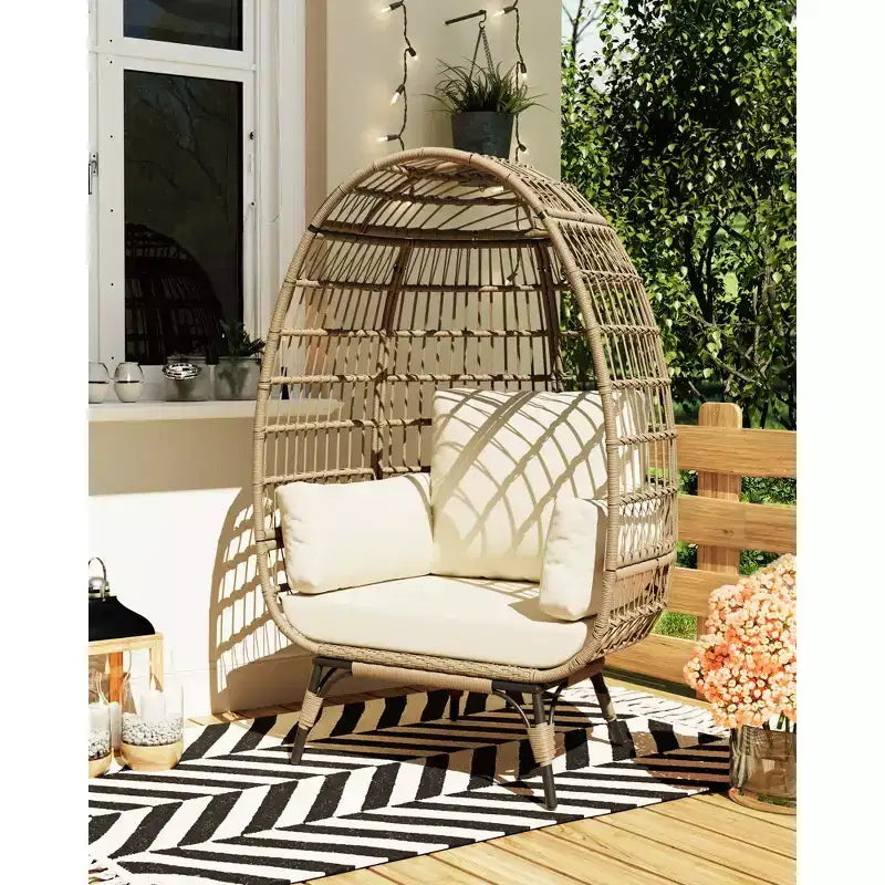 Egg Chair, Wicker Egg Chair with Plush Cushion, Steel Frame and Metal Base, Lounge Chair for Indoor & Outdoor Patio, Living Room, and Backyard