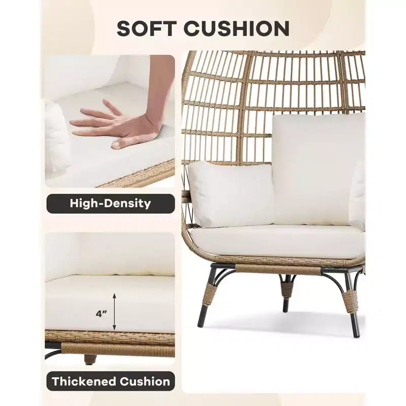 Egg Chair, Wicker Egg Chair with Plush Cushion, Steel Frame and Metal Base, Lounge Chair for Indoor & Outdoor Patio, Living Room, and Backyard