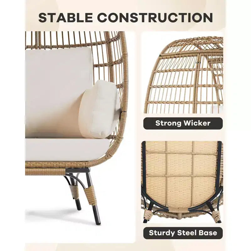 Egg Chair, Wicker Egg Chair with Plush Cushion, Steel Frame and Metal Base, Lounge Chair for Indoor & Outdoor Patio, Living Room, and Backyard