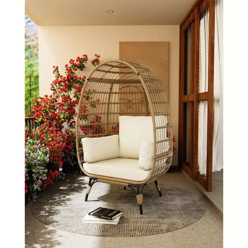 Egg Chair, Wicker Egg Chair with Plush Cushion, Steel Frame and Metal Base, Lounge Chair for Indoor & Outdoor Patio, Living Room, and Backyard