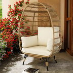 Egg Chair, Wicker Egg Chair with Plush Cushion, Steel Frame and Metal Base, Lounge Chair for Indoor & Outdoor Patio, Living Room, and Backyard