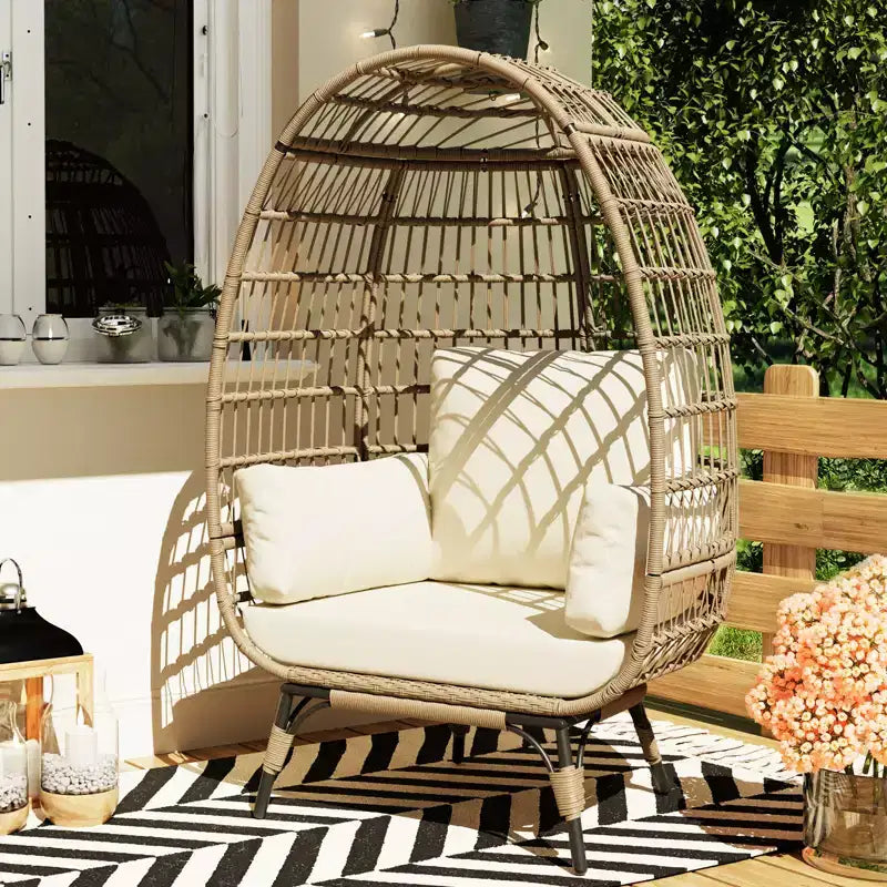 Egg Chair, Wicker Egg Chair with Plush Cushion, Steel Frame and Metal Base, Lounge Chair for Indoor & Outdoor Patio, Living Room, and Backyard
