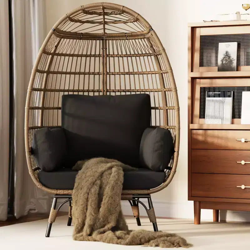 Egg Chair, Wicker Egg Chair with Plush Cushion, Steel Frame and Metal Base, Lounge Chair for Indoor & Outdoor Patio, Living Room, and Backyard