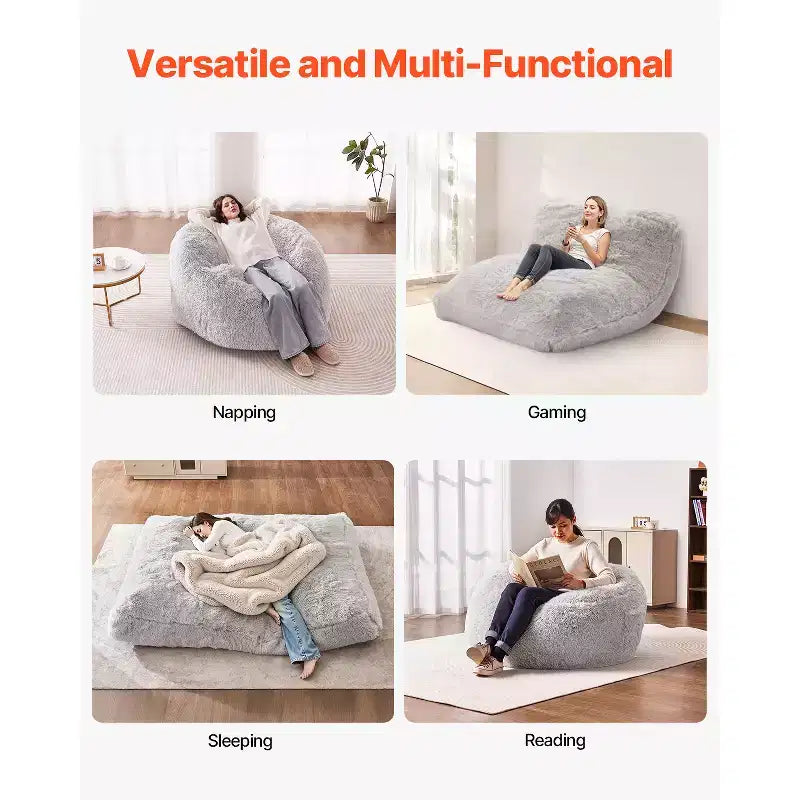 VEVOR Bean Bag Bed Chair, Convertible Chair from BeanBag to Lounge or Mattress, Bean Bag Chair Bed with Washable Cover for Adults, Grey(Queen Size)