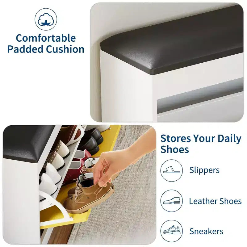 GustoWave 31.5'' Shoe Storage Bench, Modern White Shoe Organizer Bench with Flip Drawer & PU Cushion, Modern Entryway Shoe Cabinet for Hallway