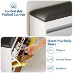 GustoWave 31.5'' Shoe Storage Bench, Modern White Shoe Organizer Bench with Flip Drawer & PU Cushion, Modern Entryway Shoe Cabinet for Hallway