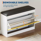 GustoWave 31.5'' Shoe Storage Bench, Modern White Shoe Organizer Bench with Flip Drawer & PU Cushion, Modern Entryway Shoe Cabinet for Hallway