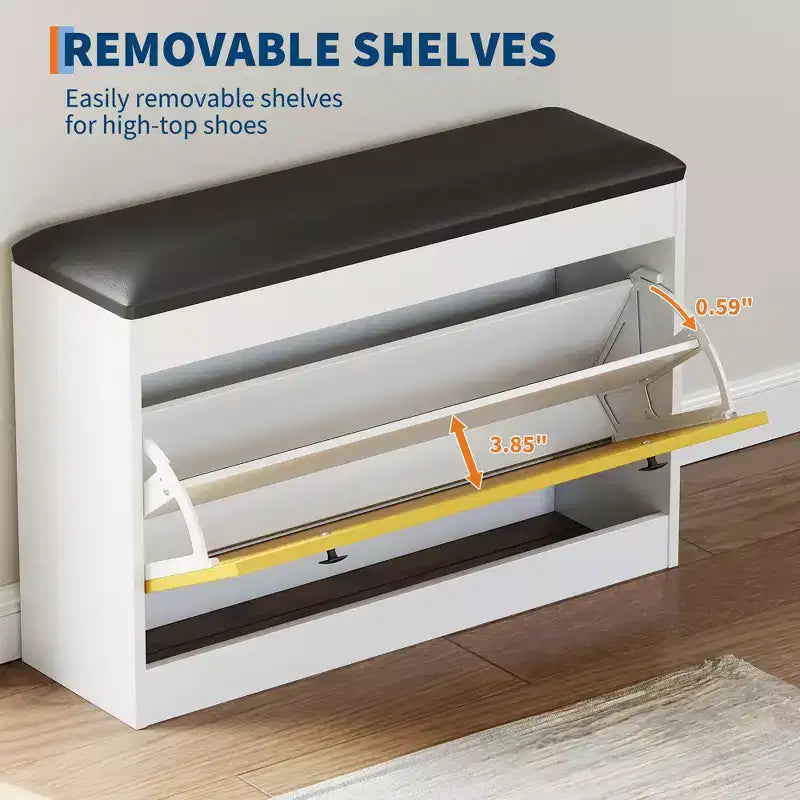 GustoWave 31.5'' Shoe Storage Bench, Modern White Shoe Organizer Bench with Flip Drawer & PU Cushion, Modern Entryway Shoe Cabinet for Hallway
