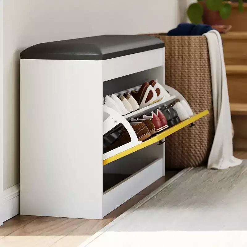 GustoWave 31.5'' Shoe Storage Bench, Modern White Shoe Organizer Bench with Flip Drawer & PU Cushion, Modern Entryway Shoe Cabinet for Hallway