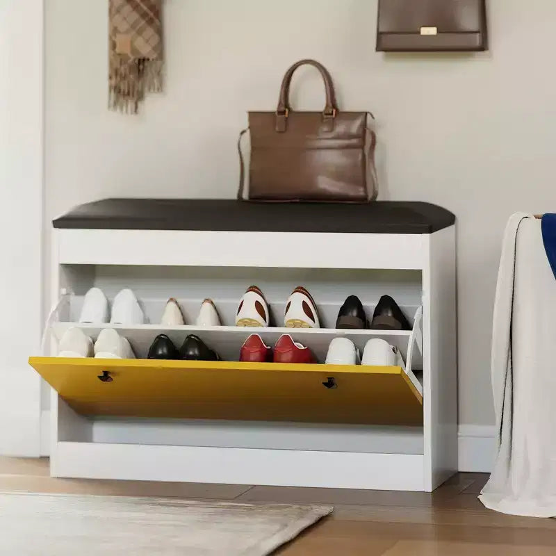 GustoWave 31.5'' Shoe Storage Bench, Modern White Shoe Organizer Bench with Flip Drawer & PU Cushion, Modern Entryway Shoe Cabinet for Hallway