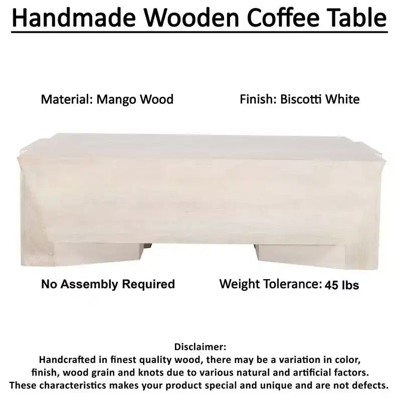 Royal Hampton Coffee Table | 45 Rectangular Handcrafted Mango Wood | Solid Asymmetric Base