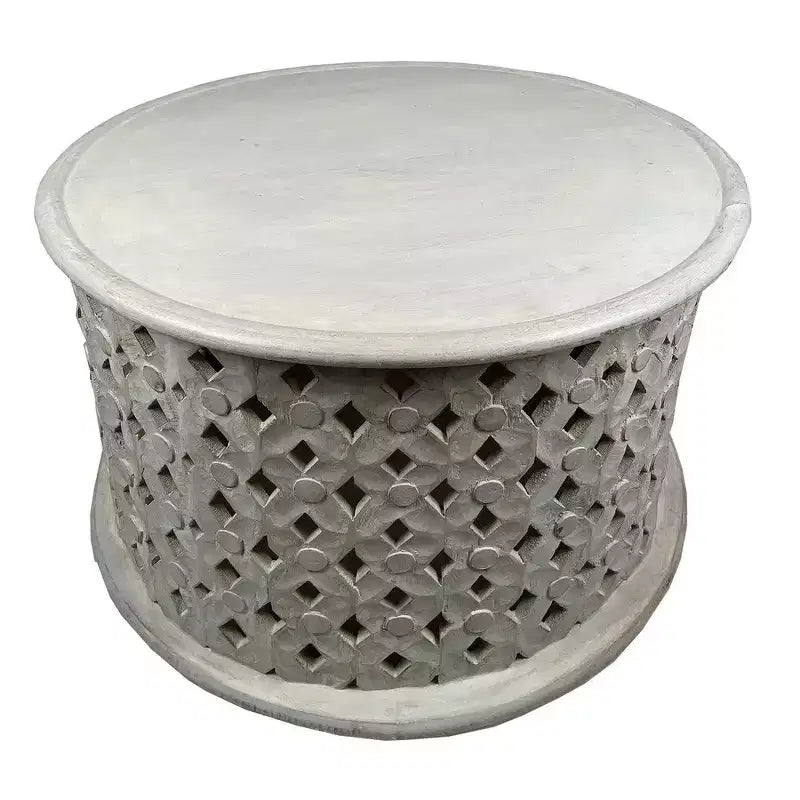 Royal Hampton 28 Artisanal Round Mango Wood Coffee Table, Intricate Diamond Lattice Cut Out Frame