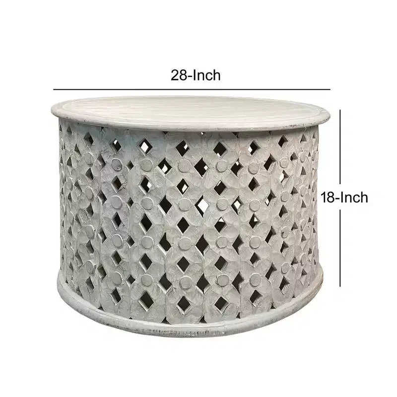 Royal Hampton 28 Artisanal Round Mango Wood Coffee Table, Intricate Diamond Lattice Cut Out Frame