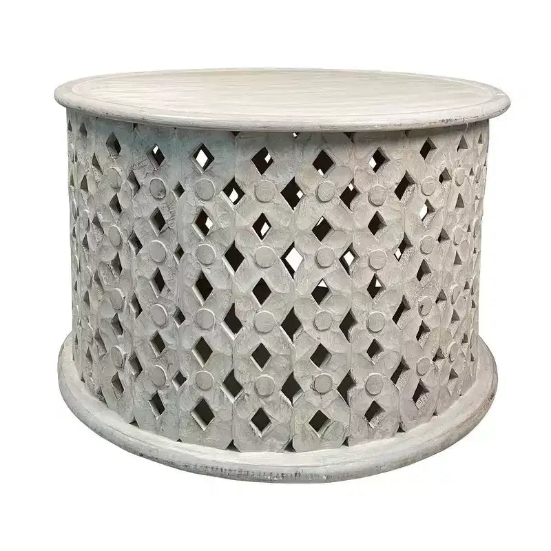 Royal Hampton 28 Artisanal Round Mango Wood Coffee Table, Intricate Diamond Lattice Cut Out Frame