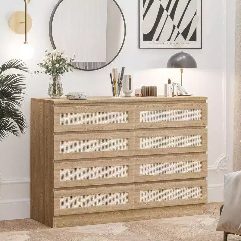 Large 8 Drawer Dresser for Bedroom, Modern Farmhouse Rattan Dresser, Slim Wood Chest of Drawers, Multifunctional TV Stand for Apartments, Small Spaces