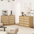 Large 8 Drawer Dresser for Bedroom, Modern Farmhouse Rattan Dresser, Slim Wood Chest of Drawers, Multifunctional TV Stand for Apartments, Small Spaces