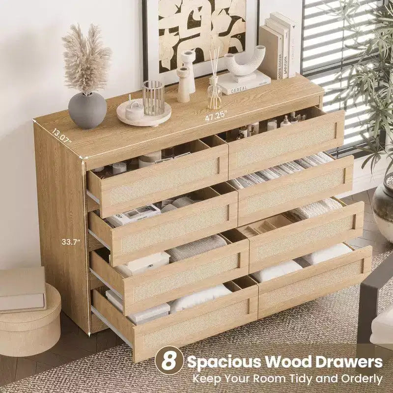 Large 8 Drawer Dresser for Bedroom, Modern Farmhouse Rattan Dresser, Slim Wood Chest of Drawers, Multifunctional TV Stand for Apartments, Small Spaces