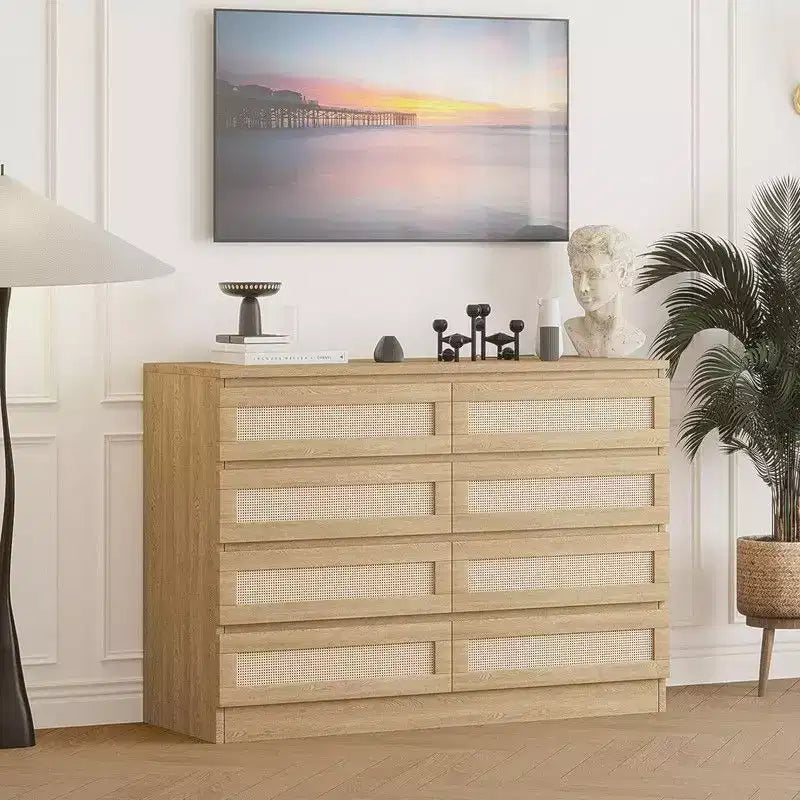Large 8 Drawer Dresser for Bedroom, Modern Farmhouse Rattan Dresser, Slim Wood Chest of Drawers, Multifunctional TV Stand for Apartments, Small Spaces