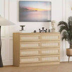 Large 8 Drawer Dresser for Bedroom, Modern Farmhouse Rattan Dresser, Slim Wood Chest of Drawers, Multifunctional TV Stand for Apartments, Small Spaces