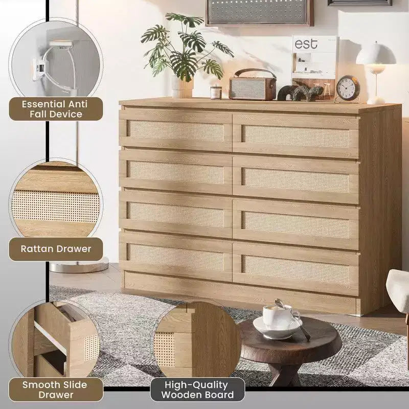 Large 8 Drawer Dresser for Bedroom, Modern Farmhouse Rattan Dresser, Slim Wood Chest of Drawers, Multifunctional TV Stand for Apartments, Small Spaces