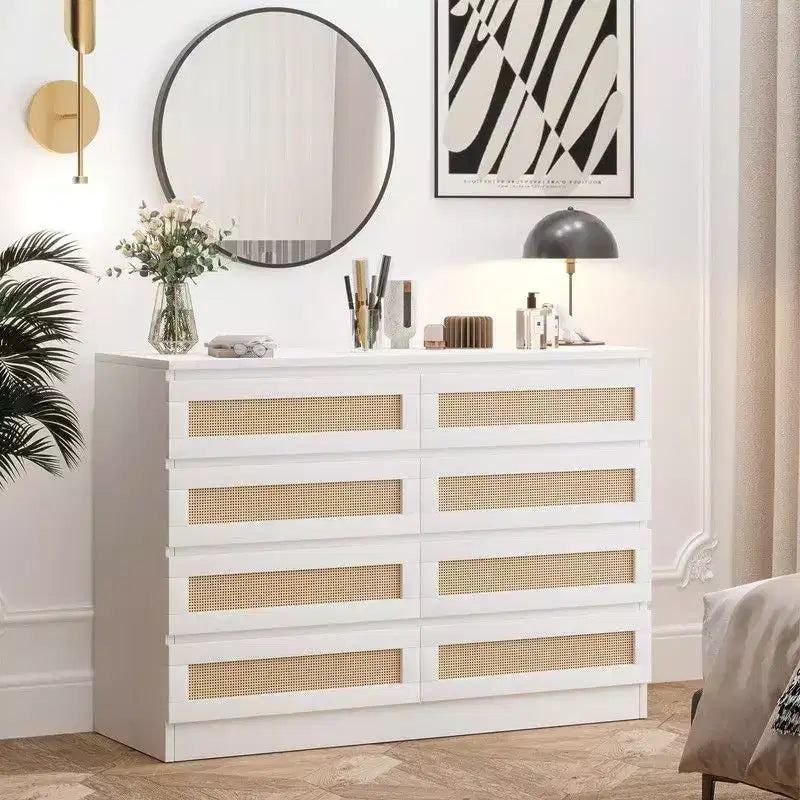 Large 8 Drawer Dresser for Bedroom, Modern Farmhouse Rattan Dresser, Slim Wood Chest of Drawers, Multifunctional TV Stand for Apartments, Small Spaces
