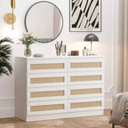 Large 8 Drawer Dresser for Bedroom, Modern Farmhouse Rattan Dresser, Slim Wood Chest of Drawers, Multifunctional TV Stand for Apartments, Small Spaces