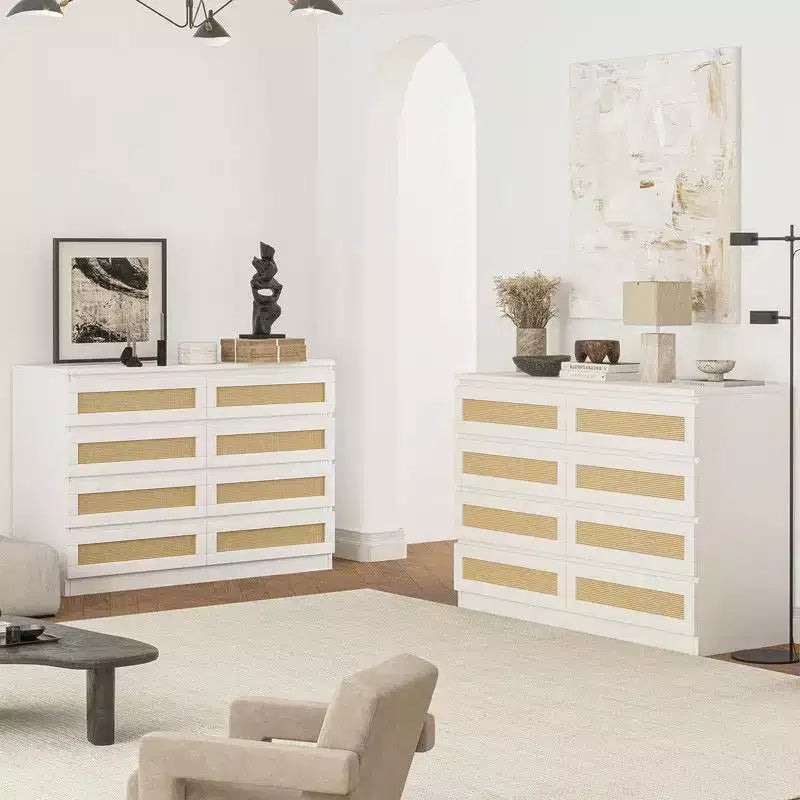 Large 8 Drawer Dresser for Bedroom, Modern Farmhouse Rattan Dresser, Slim Wood Chest of Drawers, Multifunctional TV Stand for Apartments, Small Spaces