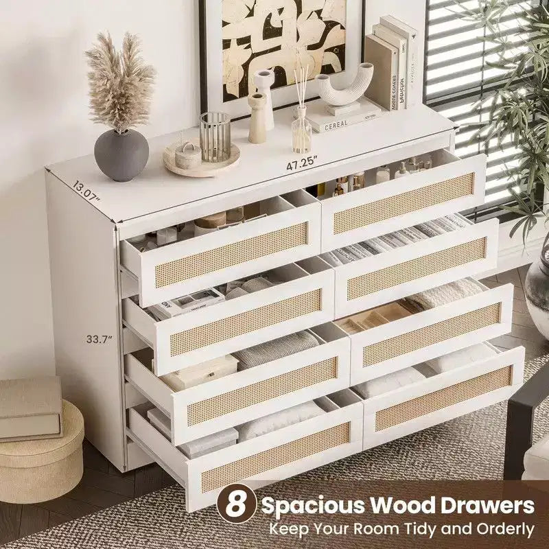 Large 8 Drawer Dresser for Bedroom, Modern Farmhouse Rattan Dresser, Slim Wood Chest of Drawers, Multifunctional TV Stand for Apartments, Small Spaces