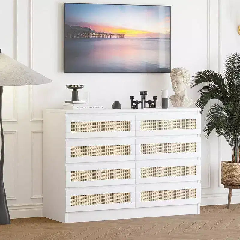 Large 8 Drawer Dresser for Bedroom, Modern Farmhouse Rattan Dresser, Slim Wood Chest of Drawers, Multifunctional TV Stand for Apartments, Small Spaces