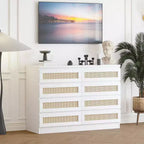 Large 8 Drawer Dresser for Bedroom, Modern Farmhouse Rattan Dresser, Slim Wood Chest of Drawers, Multifunctional TV Stand for Apartments, Small Spaces