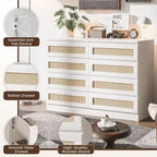Large 8 Drawer Dresser for Bedroom, Modern Farmhouse Rattan Dresser, Slim Wood Chest of Drawers, Multifunctional TV Stand for Apartments, Small Spaces