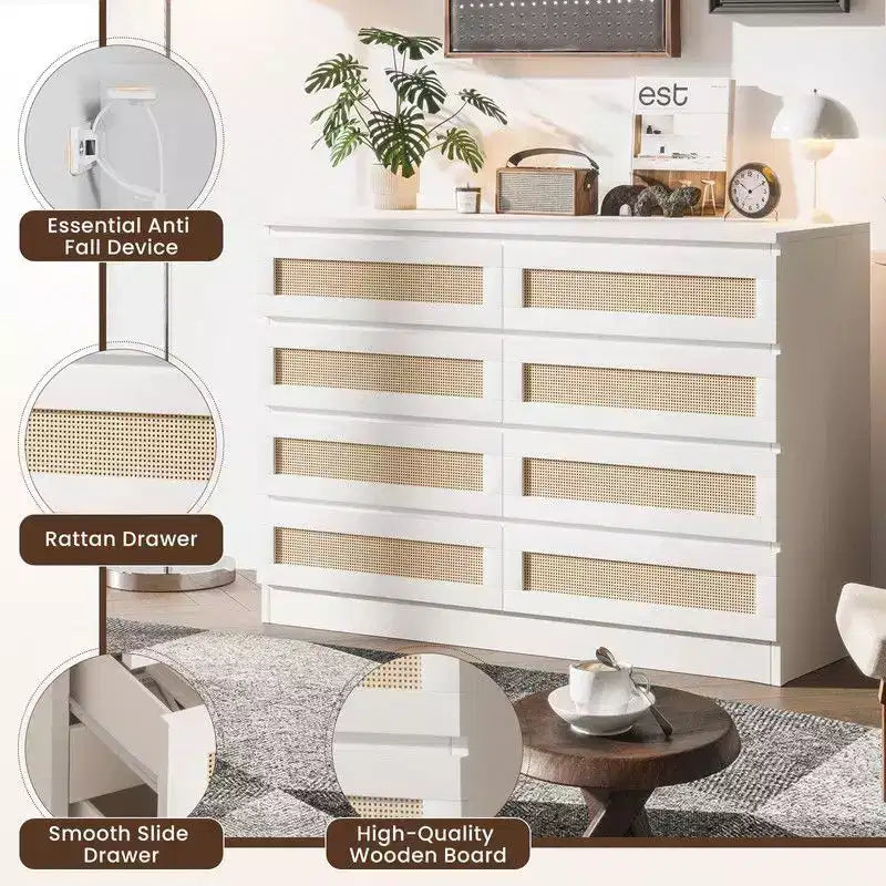 Large 8 Drawer Dresser for Bedroom, Modern Farmhouse Rattan Dresser, Slim Wood Chest of Drawers, Multifunctional TV Stand for Apartments, Small Spaces