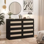 Large 8 Drawer Dresser for Bedroom, Modern Farmhouse Rattan Dresser, Slim Wood Chest of Drawers, Multifunctional TV Stand for Apartments, Small Spaces