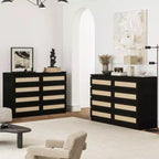 Large 8 Drawer Dresser for Bedroom, Modern Farmhouse Rattan Dresser, Slim Wood Chest of Drawers, Multifunctional TV Stand for Apartments, Small Spaces