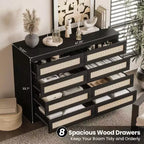 Large 8 Drawer Dresser for Bedroom, Modern Farmhouse Rattan Dresser, Slim Wood Chest of Drawers, Multifunctional TV Stand for Apartments, Small Spaces