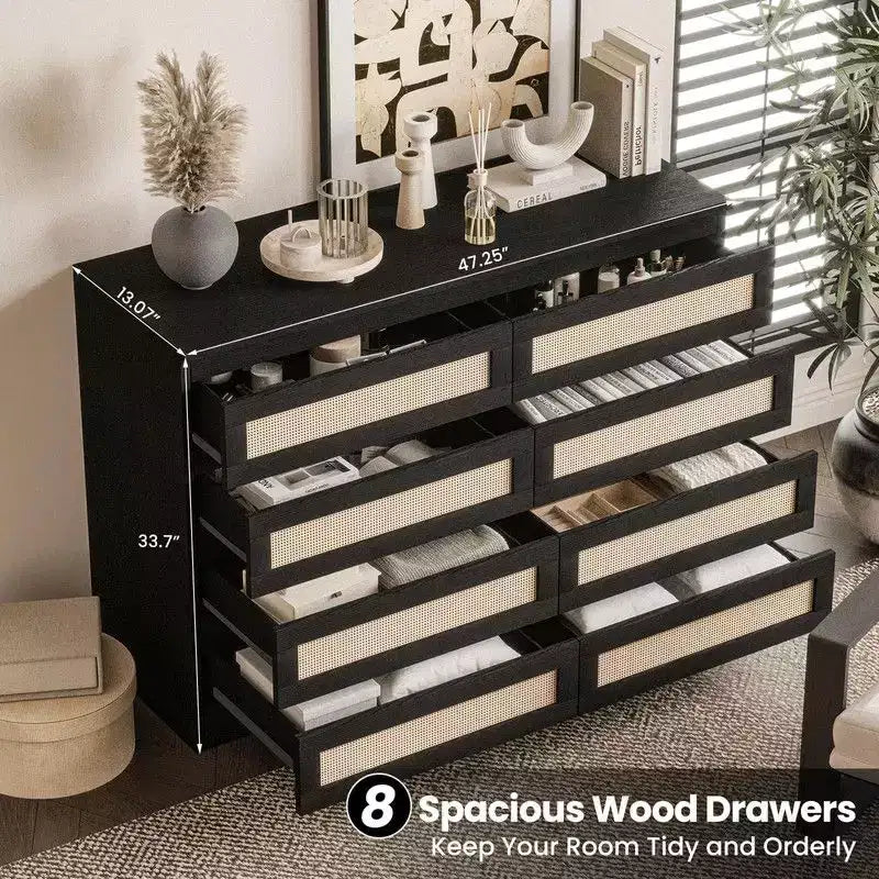 Large 8 Drawer Dresser for Bedroom, Modern Farmhouse Rattan Dresser, Slim Wood Chest of Drawers, Multifunctional TV Stand for Apartments, Small Spaces