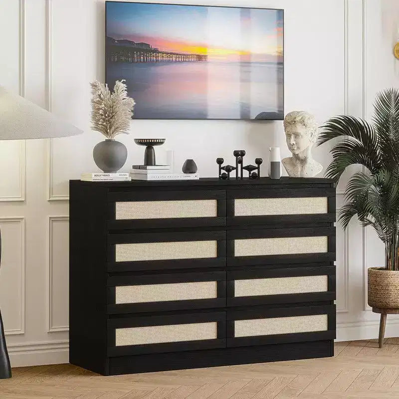 Large 8 Drawer Dresser for Bedroom, Modern Farmhouse Rattan Dresser, Slim Wood Chest of Drawers, Multifunctional TV Stand for Apartments, Small Spaces