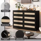 Large 8 Drawer Dresser for Bedroom, Modern Farmhouse Rattan Dresser, Slim Wood Chest of Drawers, Multifunctional TV Stand for Apartments, Small Spaces