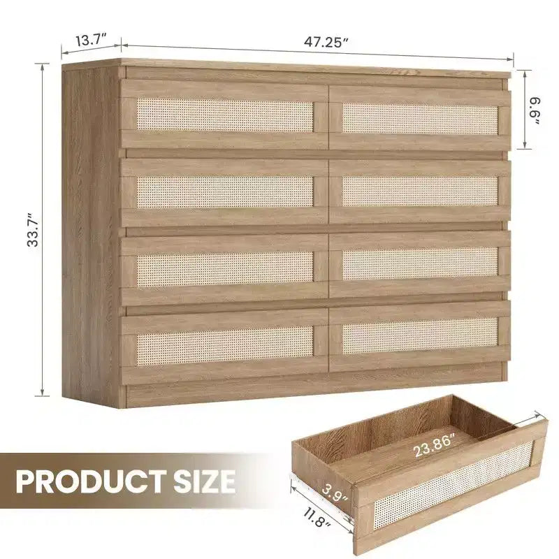 Large 8 Drawer Dresser for Bedroom, Modern Farmhouse Rattan Dresser, Slim Wood Chest of Drawers, Multifunctional TV Stand for Apartments, Small Spaces