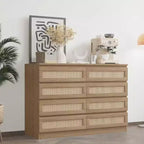 Large 8 Drawer Dresser for Bedroom, Modern Farmhouse Rattan Dresser, Slim Wood Chest of Drawers, Multifunctional TV Stand for Apartments, Small Spaces