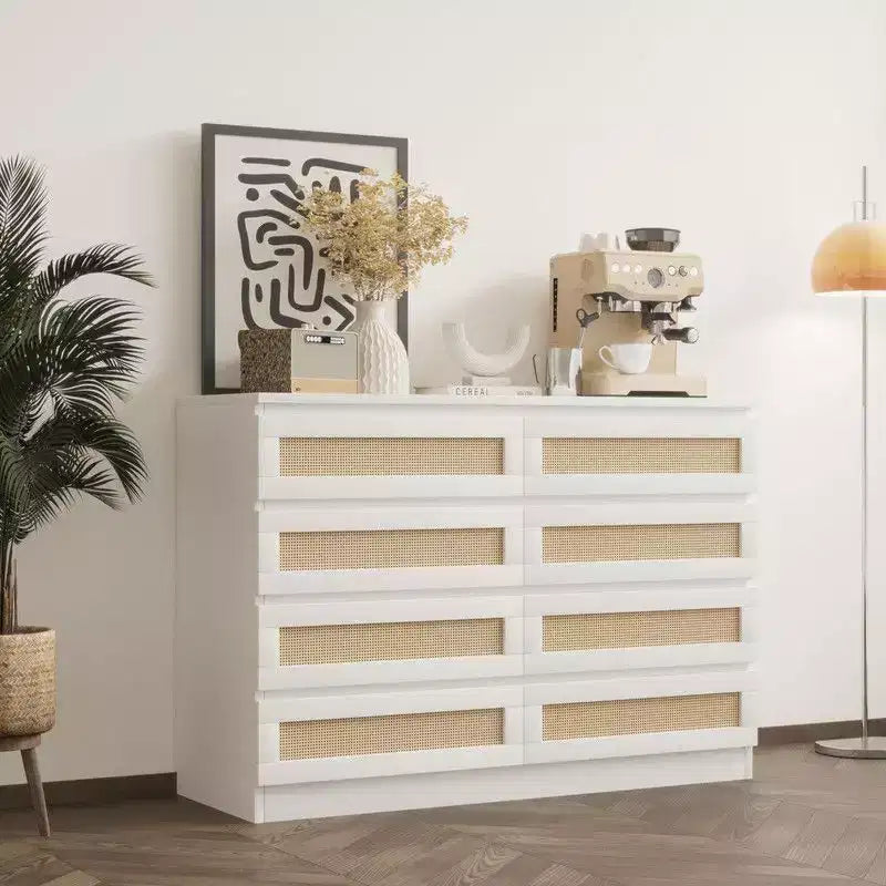 Large 8 Drawer Dresser for Bedroom, Modern Farmhouse Rattan Dresser, Slim Wood Chest of Drawers, Multifunctional TV Stand for Apartments, Small Spaces