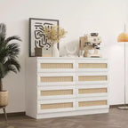 Large 8 Drawer Dresser for Bedroom, Modern Farmhouse Rattan Dresser, Slim Wood Chest of Drawers, Multifunctional TV Stand for Apartments, Small Spaces
