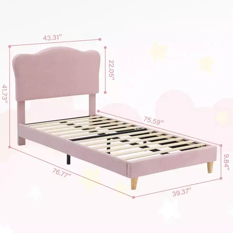 Upholstered Twin Size Bed Frame for Kids with Scallop Headboard, Cute Velvet Twin Bed for Girls, Boys, Sturdy Platform Bed, Pink