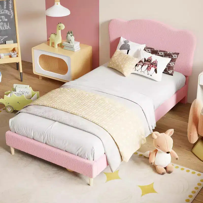 Upholstered Twin Size Bed Frame for Kids with Scallop Headboard, Cute Velvet Twin Bed for Girls, Boys, Sturdy Platform Bed, Pink