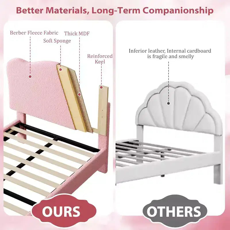 Upholstered Twin Size Bed Frame for Kids with Scallop Headboard, Cute Velvet Twin Bed for Girls, Boys, Sturdy Platform Bed, Pink