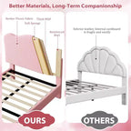Upholstered Twin Size Bed Frame for Kids with Scallop Headboard, Cute Velvet Twin Bed for Girls, Boys, Sturdy Platform Bed, Pink