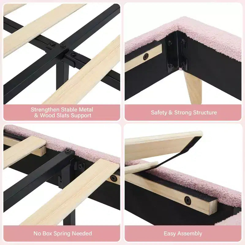 Upholstered Twin Size Bed Frame for Kids with Scallop Headboard, Cute Velvet Twin Bed for Girls, Boys, Sturdy Platform Bed, Pink
