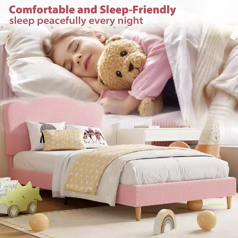 Upholstered Twin Size Bed Frame for Kids with Scallop Headboard, Cute Velvet Twin Bed for Girls, Boys, Sturdy Platform Bed, Pink