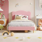 Upholstered Twin Size Bed Frame for Kids with Scallop Headboard, Cute Velvet Twin Bed for Girls, Boys, Sturdy Platform Bed, Pink